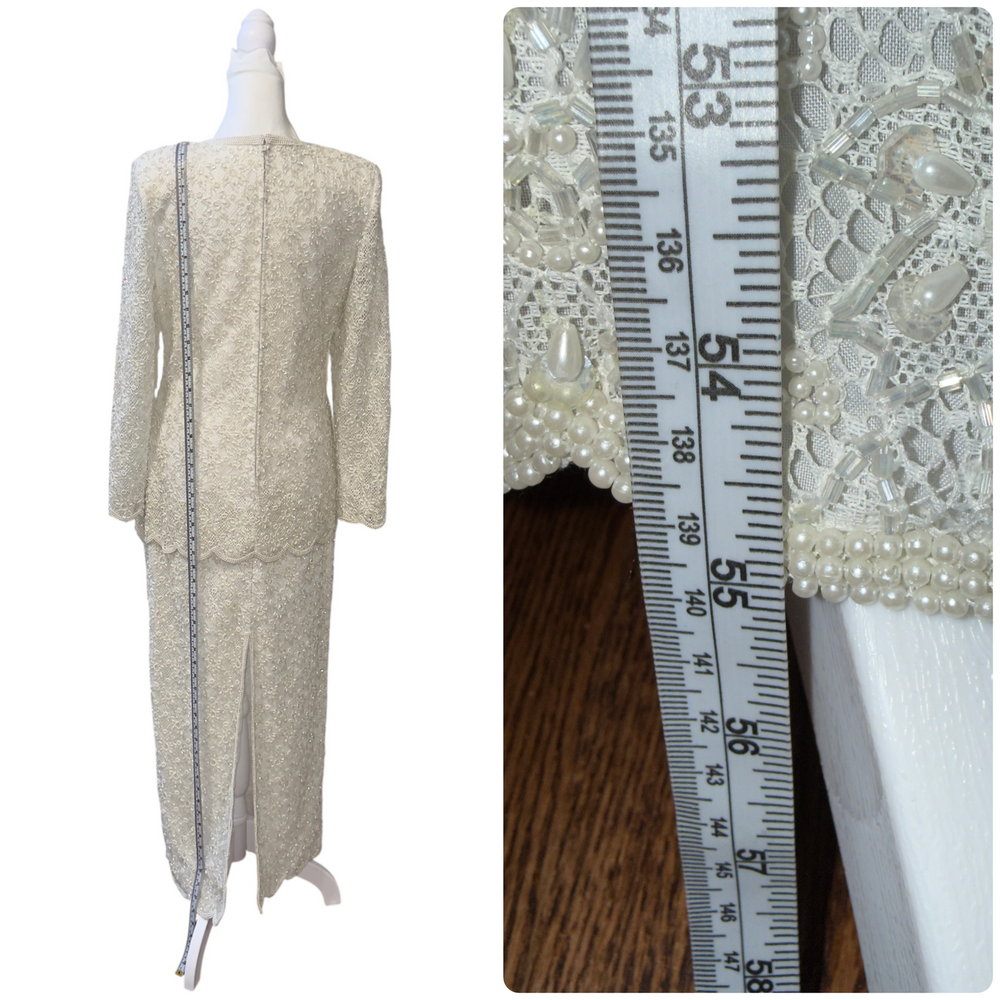 Vintage 80s LAURENCE KAZAR Hand Beaded Lace Maxi Sheath Gown White Size S Bridal - Picture 12 of 16